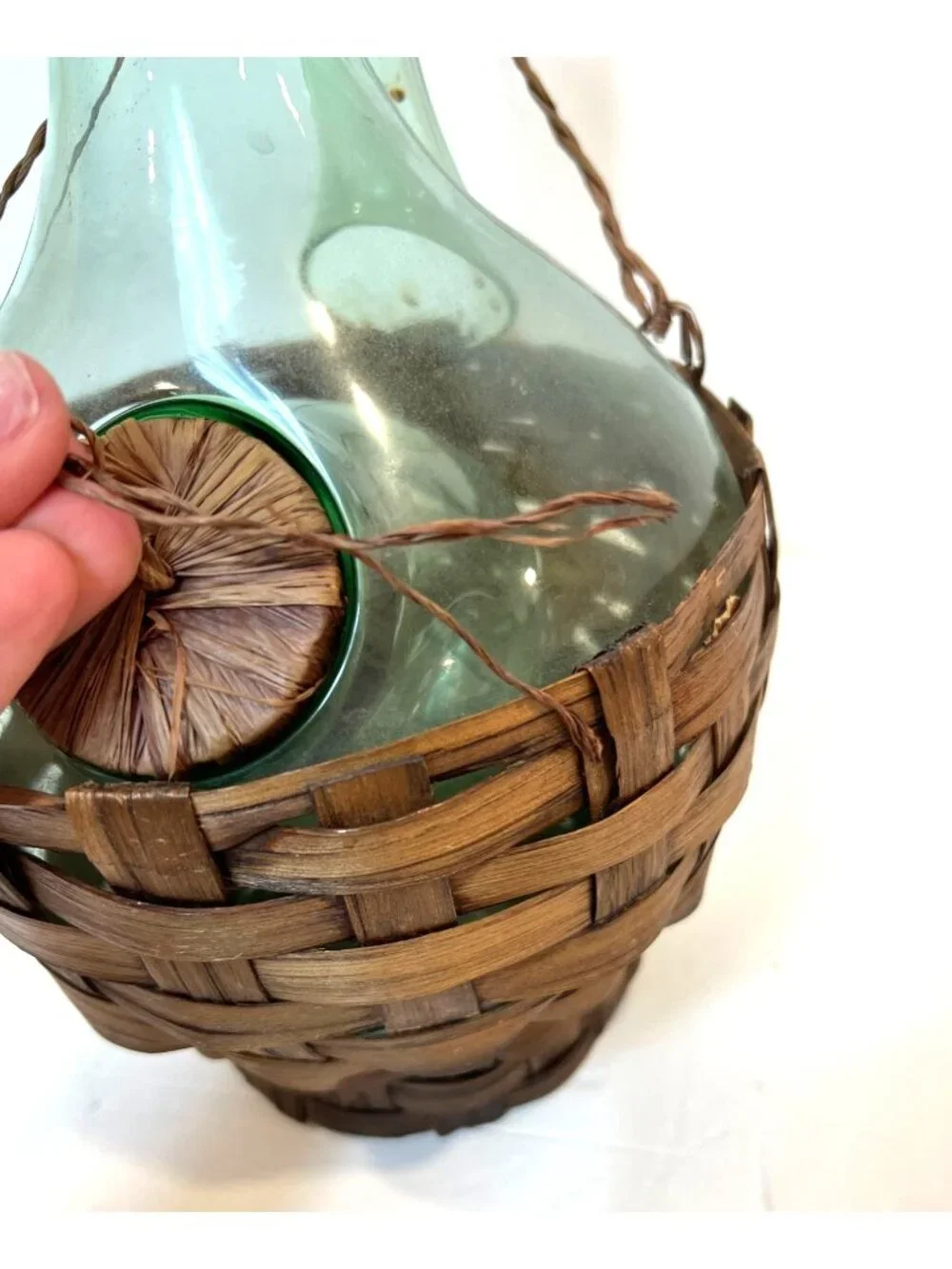 Vintage Green Glass Italian Decanter Woven Basket Mid Century Modern Barware
